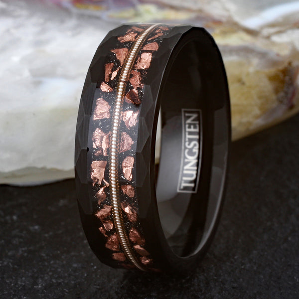 Beautiful Unique Brushed Finish Faceted Black Tungsten Flat Band Ring with Genuine Guitar String Between Faux Copper Tone Meteorite Inlay.