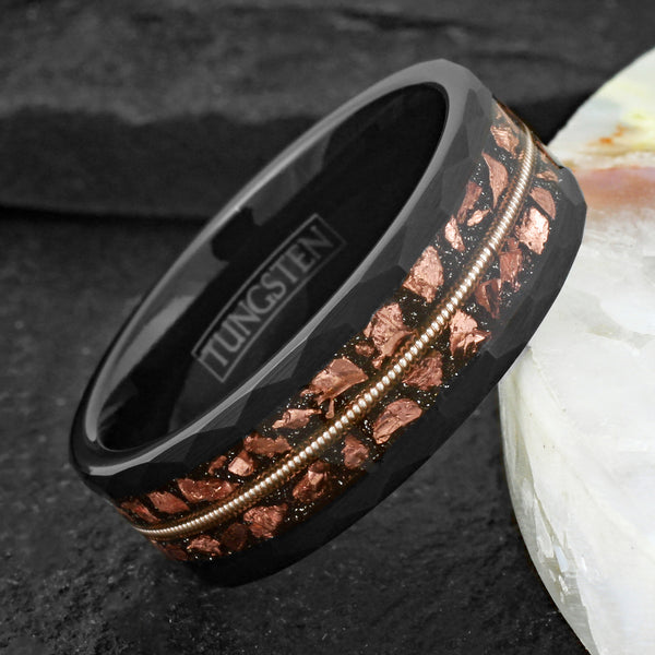Beautiful Unique Brushed Finish Faceted Black Tungsten Flat Band Ring with Genuine Guitar String Between Faux Copper Tone Meteorite Inlay.