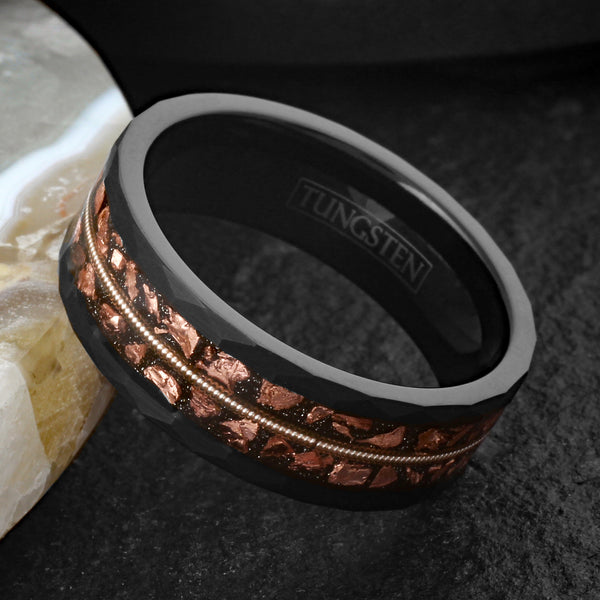 Beautiful Unique Brushed Finish Faceted Black Tungsten Flat Band Ring with Genuine Guitar String Between Faux Copper Tone Meteorite Inlay.