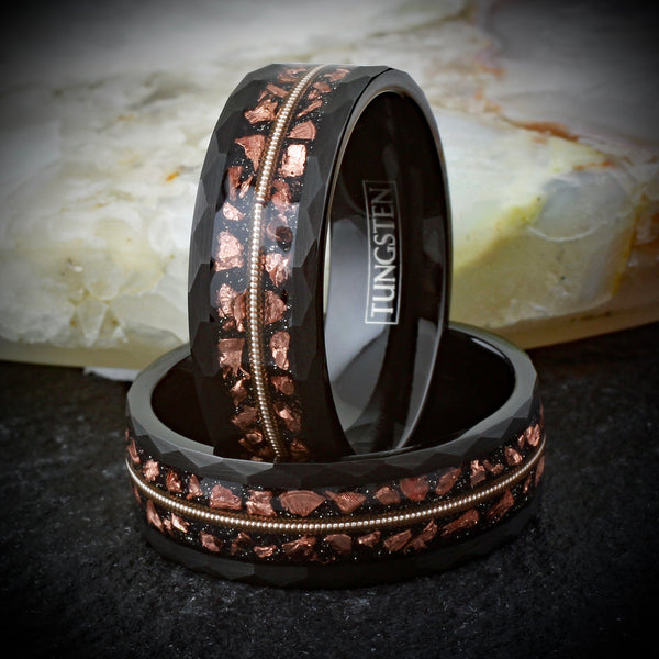 Beautiful Unique Brushed Finish Faceted Black Tungsten Flat Band Ring with Genuine Guitar String Between Faux Copper Tone Meteorite Inlay.