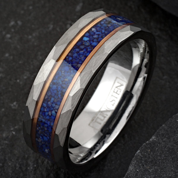 Brilliant Brushed Finish Faceted Silver Tungsten Flat Band Ring with Dark Blue Crushed Lapis Lazuli Inlay Between Two Rose Gold Stripes.