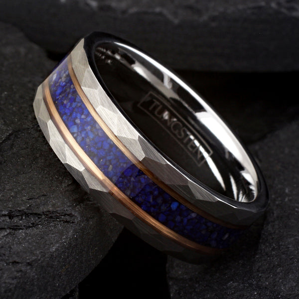 Brilliant Brushed Finish Faceted Silver Tungsten Flat Band Ring with Dark Blue Crushed Lapis Lazuli Inlay Between Two Rose Gold Stripes.