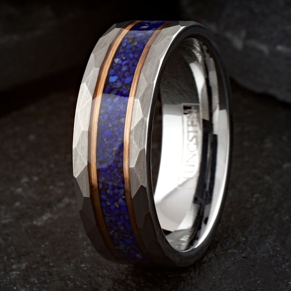 Brilliant Brushed Finish Faceted Silver Tungsten Flat Band Ring with Dark Blue Crushed Lapis Lazuli Inlay Between Two Rose Gold Stripes.