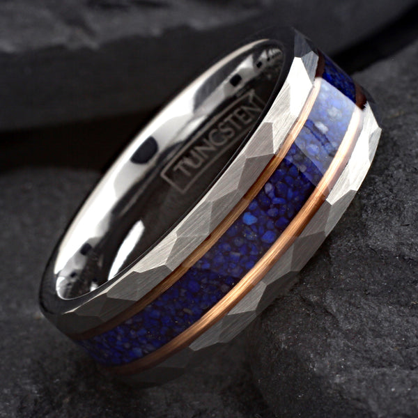 Brilliant Brushed Finish Faceted Silver Tungsten Flat Band Ring with Dark Blue Crushed Lapis Lazuli Inlay Between Two Rose Gold Stripes.