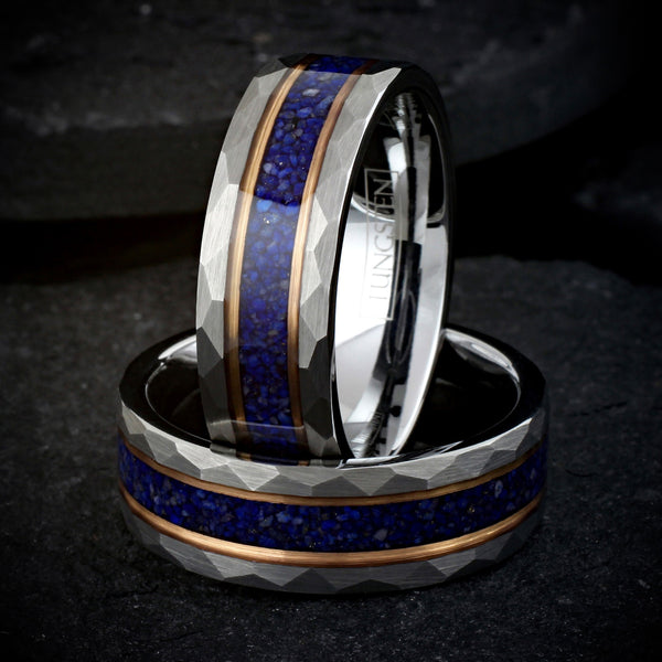 Brilliant Brushed Finish Faceted Silver Tungsten Flat Band Ring with Dark Blue Crushed Lapis Lazuli Inlay Between Two Rose Gold Stripes.