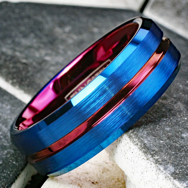Awesome Brushed Finish Royal Blue Tungsten Band Ring with Wine Red Recessed Stripe, Matching Red Inner Band, and Polished Beveled Edges.