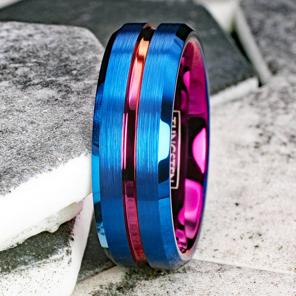 Awesome Brushed Finish Royal Blue Tungsten Band Ring with Wine Red Recessed Stripe, Matching Red Inner Band, and Polished Beveled Edges.