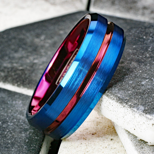 Awesome Brushed Finish Royal Blue Tungsten Band Ring with Wine Red Recessed Stripe, Matching Red Inner Band, and Polished Beveled Edges.
