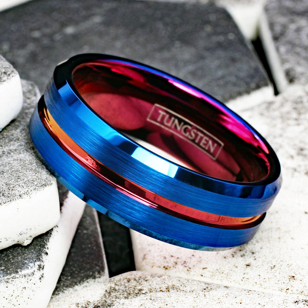 Awesome Brushed Finish Royal Blue Tungsten Band Ring with Wine Red Recessed Stripe, Matching Red Inner Band, and Polished Beveled Edges.