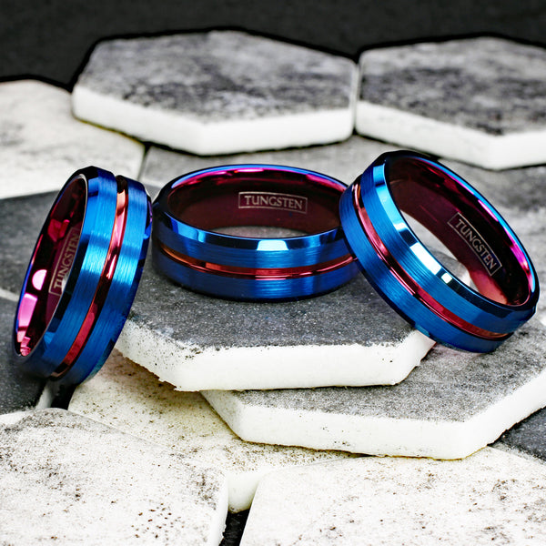 Awesome Brushed Finish Royal Blue Tungsten Band Ring with Wine Red Recessed Stripe, Matching Red Inner Band, and Polished Beveled Edges.