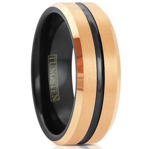 Exquisite Two-Tone Rose Gold Tungsten Band Ring w/ Recessed Black Stripe, Polished Beveled Edges, and Black Inner Comfort Fit Band.