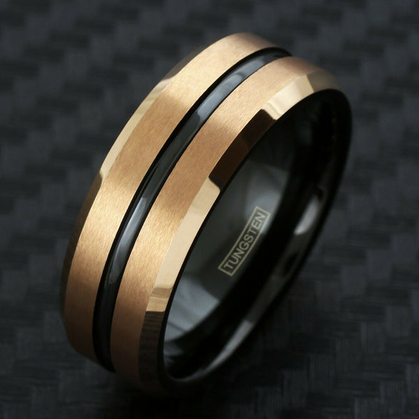 Exquisite Two-Tone Rose Gold Tungsten Band Ring w/ Recessed Black Stripe, Polished Beveled Edges, and Black Inner Comfort Fit Band.