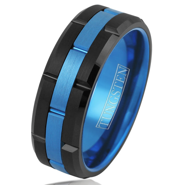 Awesome Mirror Polished Black Notched Tungsten Ring with Notched Brushed Finish Sapphire Blue Center Band.