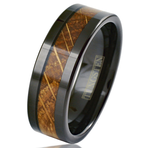 Elegant Polished Black Tungsten Flat Band Ring with Cool Whiskey Barrel Oak Wood Inlay.