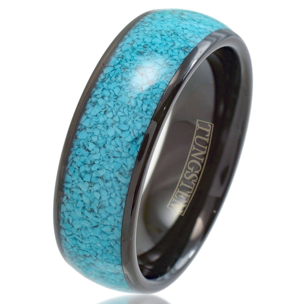 Lustrous Polished Black Tungsten Ring with Charming Crushed Turquoise Inlay.