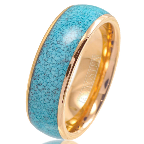 Brilliant Polished Rose Gold Tungsten Ring with Charming Crushed Turquoise Inlay.