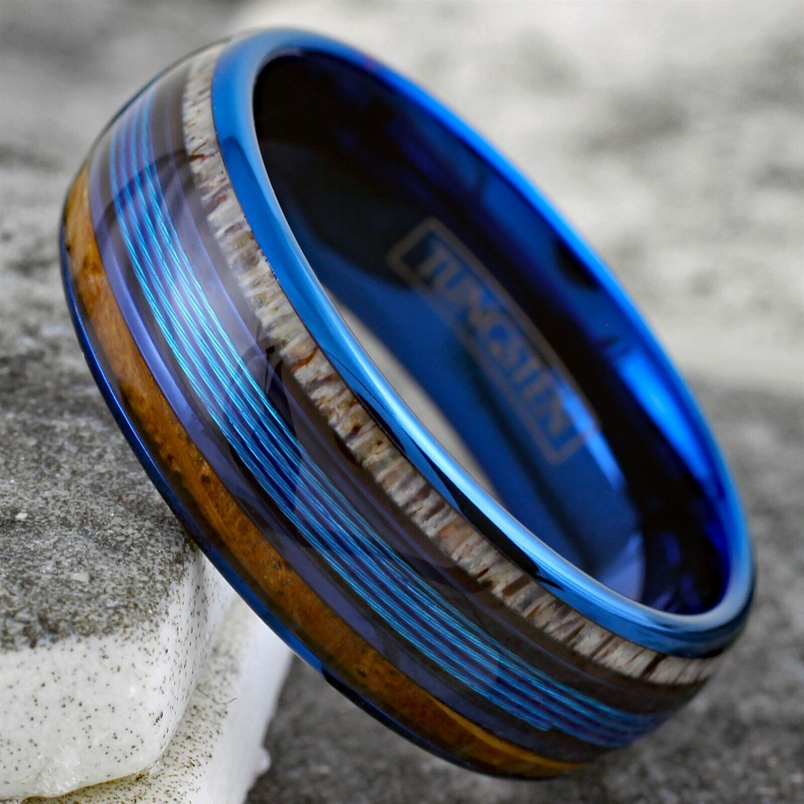 Gorgeous Polished Royal Blue Tungsten Low Dome Ring with Brilliant Blue Real Fishing Line Between Whiskey Barrel Oak Wood and Deer Antler Inlays.