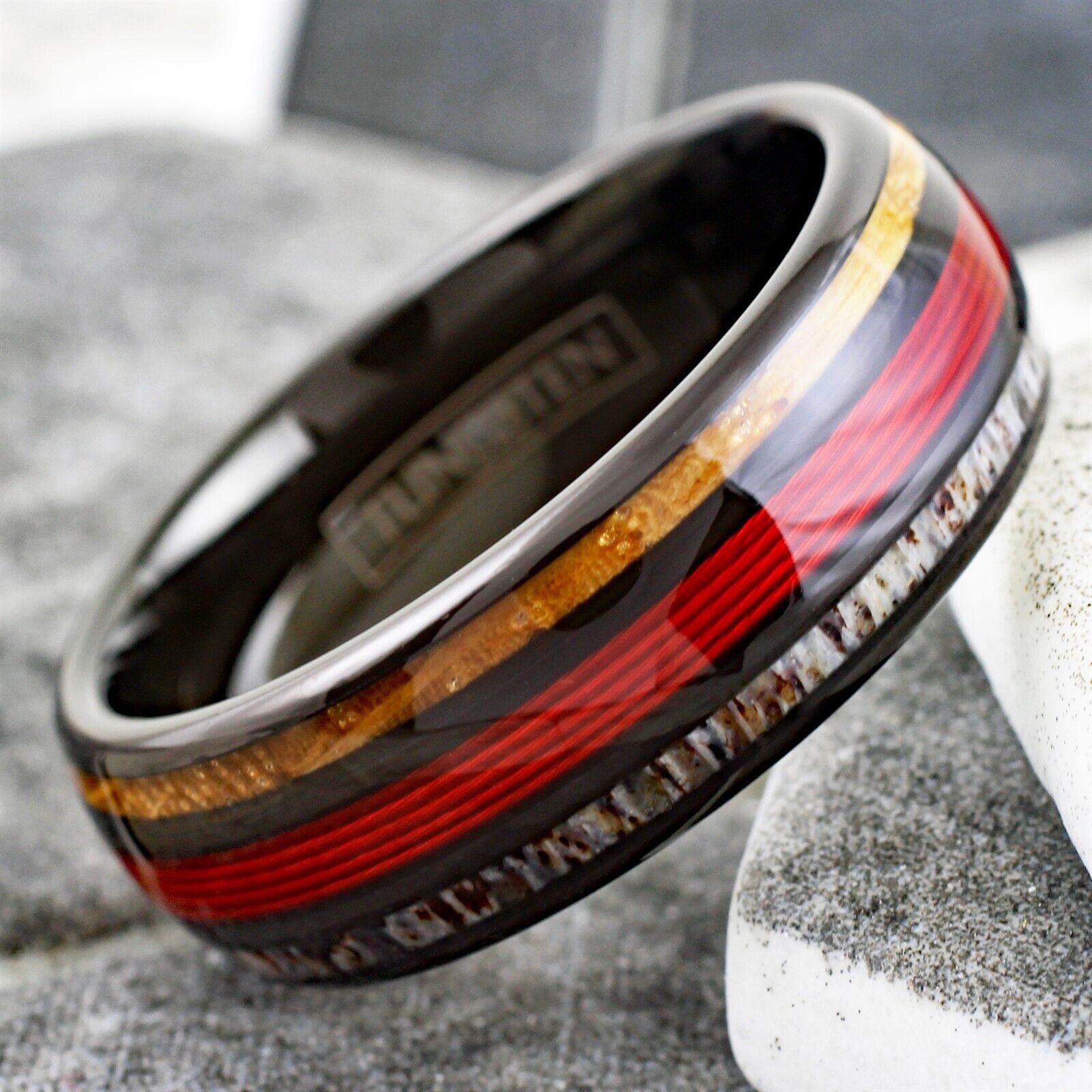 Stunning Magnificent Polished Black Tungsten Low Dome Ring with Ravishing Red Real Fishing Line Between Whiskey Barrel Oak Wood and Deer Antler Inlays
