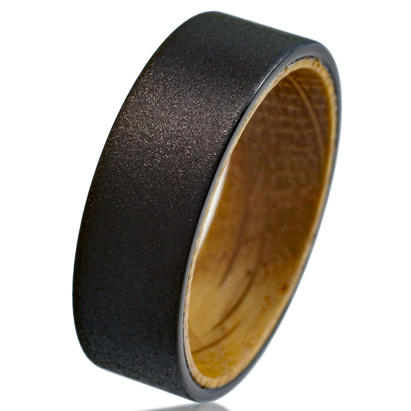 Charming Rough Brushed Distressed Sandblast Finish Flat Band Black Tungsten Ring with Whiskey Barrel Oak Wood Inner Band Sleeve.