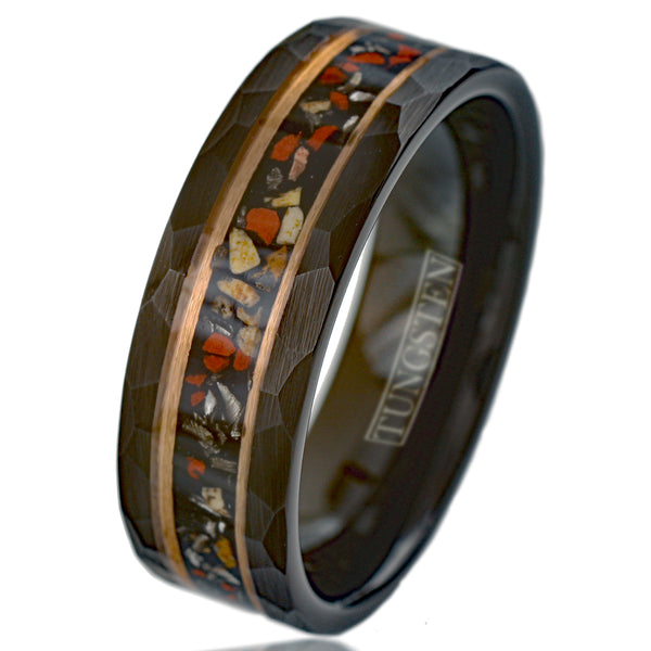 Spectacular Faceted Brushed Finish Black Tungsten Flat Band Ring with Crushed Faux Dinosaur Bone and Black Faux Meteorite Inlay between Rose Gold Stripes.