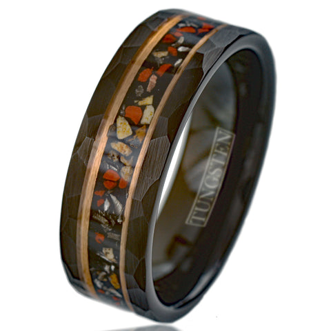 Spectacular Faceted Brushed Finish Black Tungsten Flat Band Ring with Crushed Faux Dinosaur Bone and Black Faux Meteorite Inlay between Rose Gold Stripes.