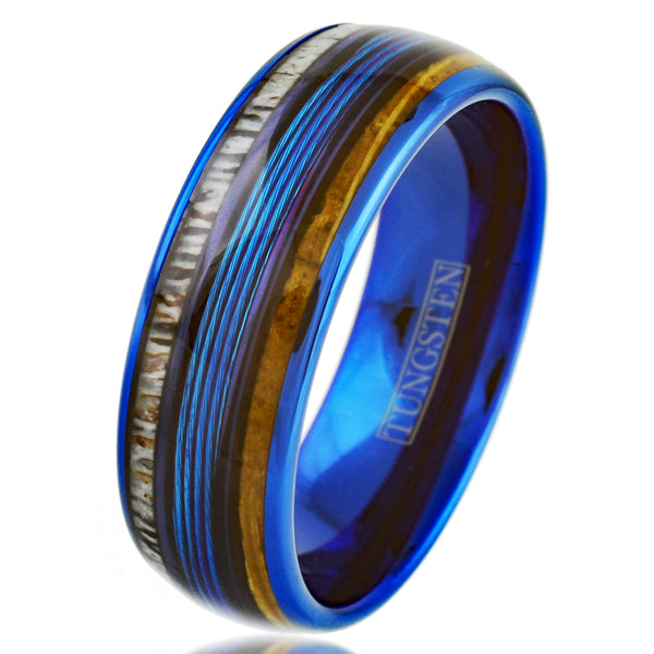 Gorgeous Polished Royal Blue Tungsten Low Dome Ring with Brilliant Blue Real Fishing Line Between Whiskey Barrel Oak Wood and Deer Antler Inlays.