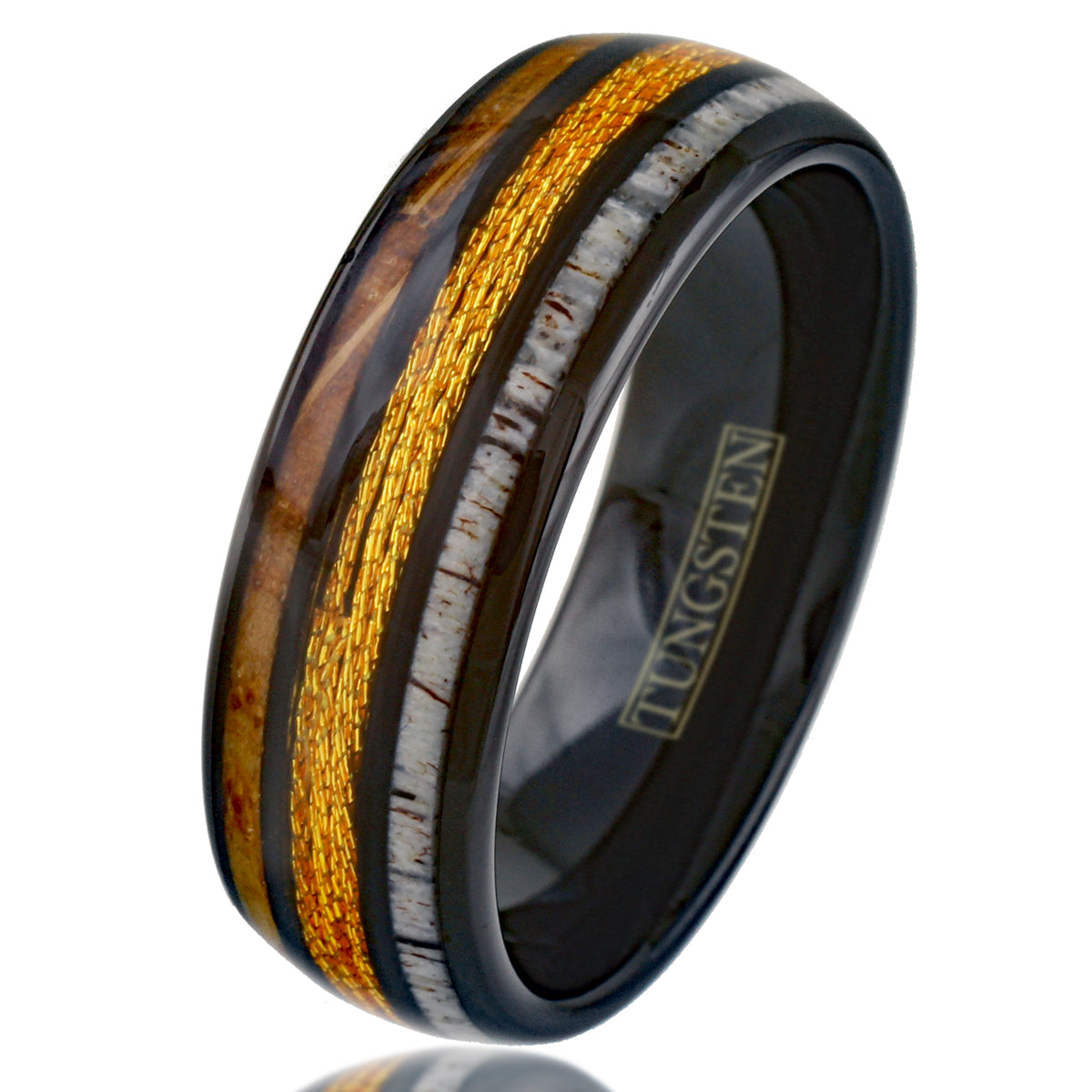 Cool Polished Black Tungsten Low Dome Ring with Gorgeous Gold Real Fishing Line Between Whiskey Barrel Oak Wood and Deer Antler Inlays.