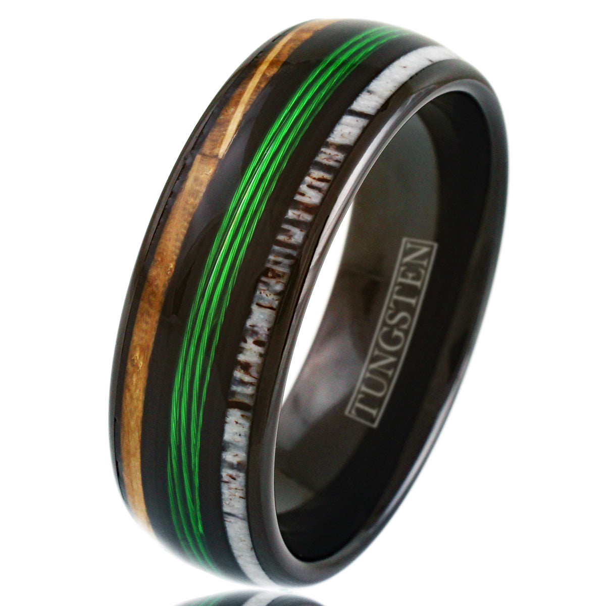 Stunning Polished Black Tungsten Low Dome Ring with Glorious Green Real Fishing Line Between Whiskey Barrel Oak Wood and Deer Antler Inlays.