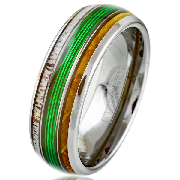 Beautiful Magnificent Polished Silver Tungsten Low Dome Ring with GREEN Real Fishing Line Between Whiskey Barrel Oak Wood and Deer Antler Inlays.