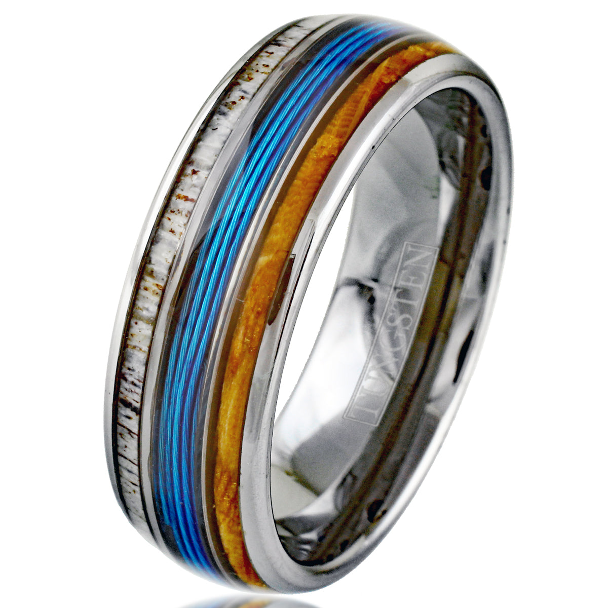 Stunning Mirror Polished Silver Tungsten Low Dome Ring with Blue Real Fishing Line Between Whiskey Barrel Oak Wood and Deer Antler Inlays.