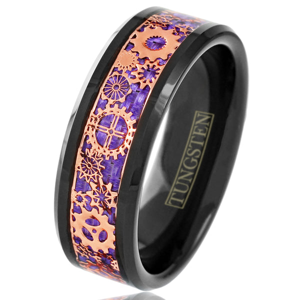 Gorgeous Black Flat Band Tungsten Ring w/ Beveled Edges and Rose Gold Steampunk Clockwork Gears on Spectacular Purple Faux Carbon Fiber Inlay.