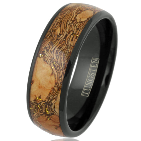 Gorgeous Polished Black Tungsten Low Dome Band Ring with Wood and Golden Sparkles Inlay.