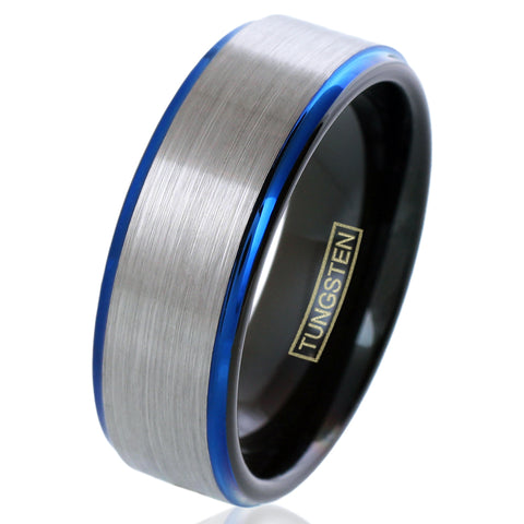 Beautiful Three Tone Black Tungsten Ring with Silver Satin Band and Cool Cobalt Blue Stepped Edges. Couple Ring.