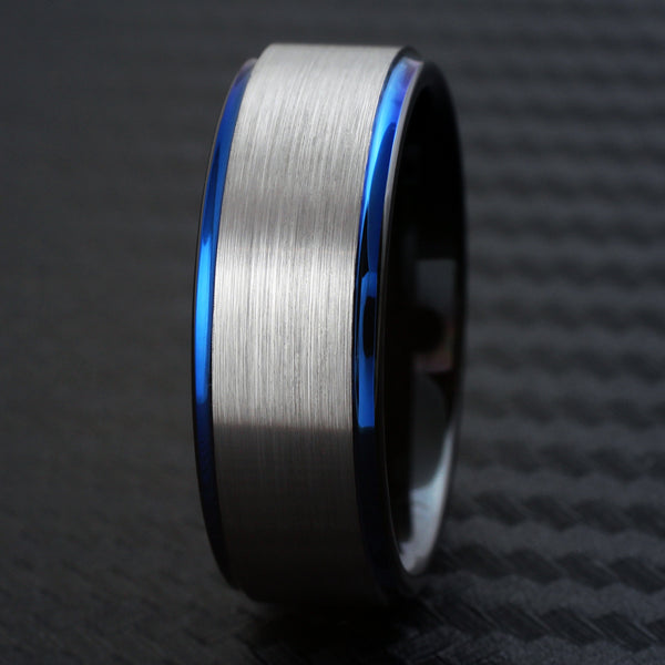 Beautiful Three Tone Black Tungsten Ring with Silver Satin Band and Cool Cobalt Blue Stepped Edges. Couple Ring.