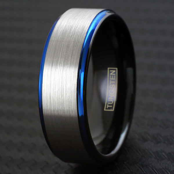 Beautiful Three Tone Black Tungsten Ring with Silver Satin Band and Cool Cobalt Blue Stepped Edges. Couple Ring.