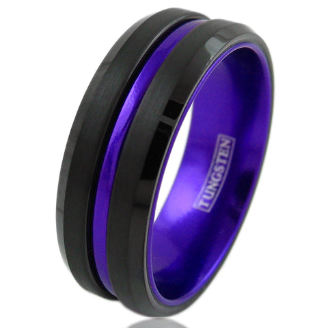 Spectacular Black Tungsten Ring with Purple Stripe & Purple Anodized Aluminum Inner Band, with Beveled Edges.