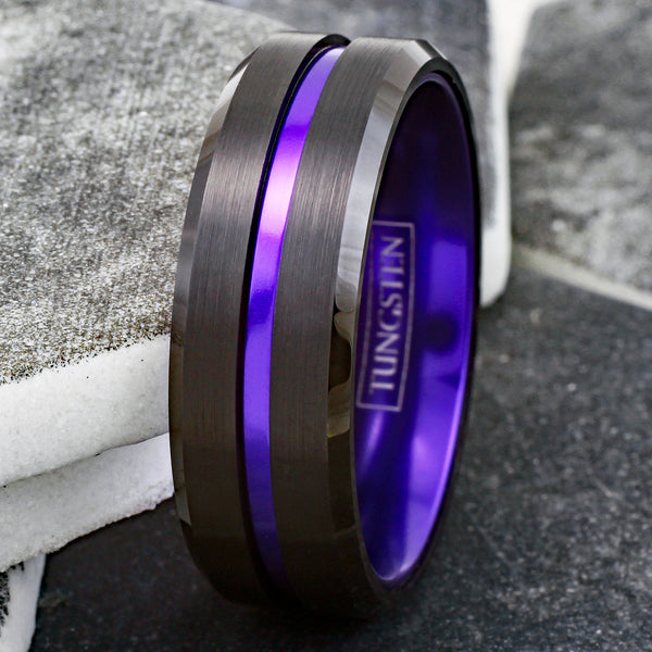 Spectacular Black Tungsten Ring with Purple Stripe & Purple Anodized Aluminum Inner Band, with Beveled Edges.