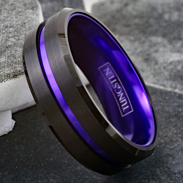Spectacular Black Tungsten Ring with Purple Stripe & Purple Anodized Aluminum Inner Band, with Beveled Edges.