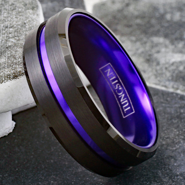 Spectacular Black Tungsten Ring with Purple Stripe & Purple Anodized Aluminum Inner Band, with Beveled Edges.