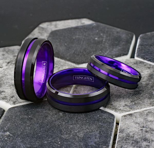 Spectacular Black Tungsten Ring with Purple Stripe & Purple Anodized Aluminum Inner Band, with Beveled Edges.