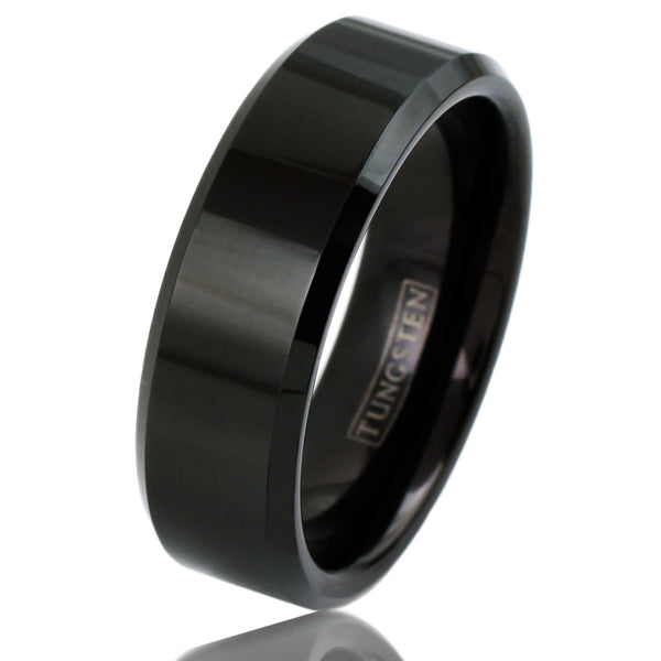 Brilliant Polished Black Tungsten Band Ring with Beveled Edges. Available in 2 widths. For Men and Women. Couple Ring
