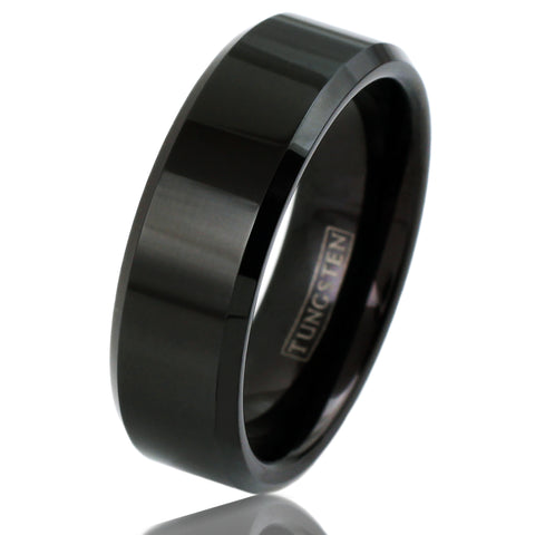 Brilliant Polished Black Tungsten Band Ring with Beveled Edges. Available in 2 widths. For Men and Women. Couple Ring