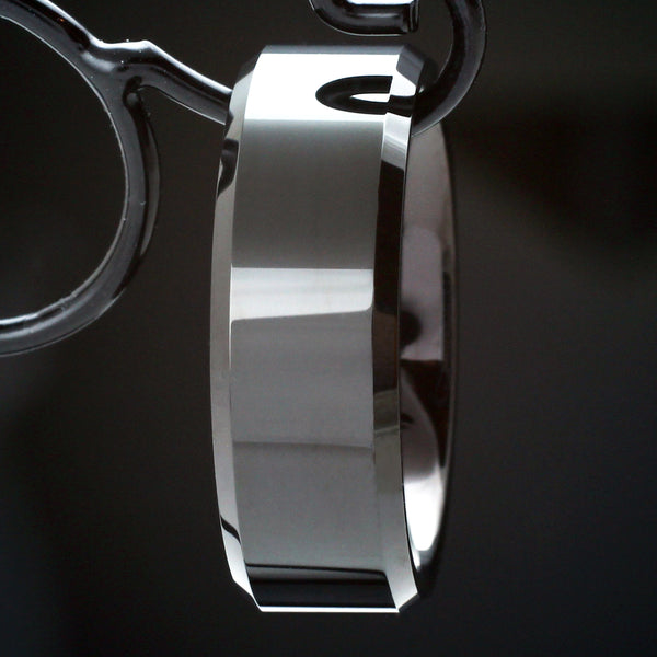 Brilliant Polished Black Tungsten Band Ring with Beveled Edges. Available in 2 widths. For Men and Women. Couple Ring