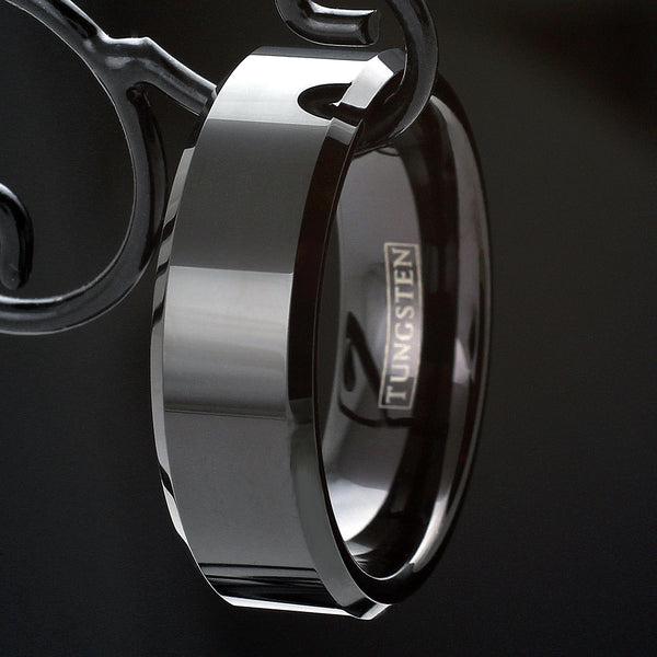 Brilliant Polished Black Tungsten Band Ring with Beveled Edges. Available in 2 widths. For Men and Women. Couple Ring