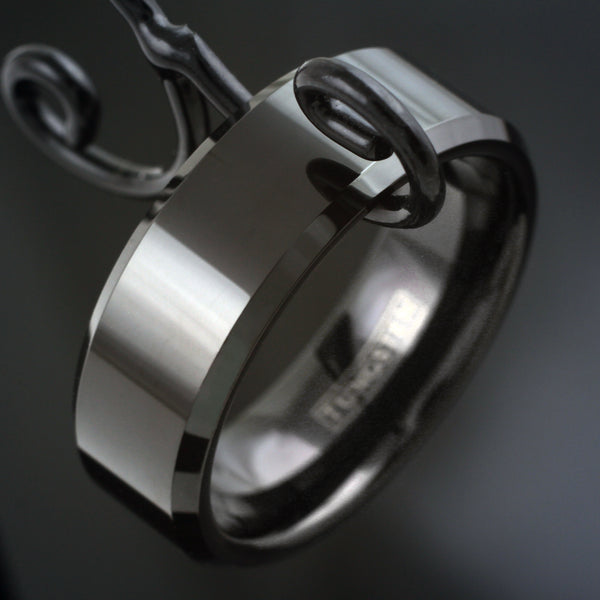 Brilliant Polished Black Tungsten Band Ring with Beveled Edges. Available in 2 widths. For Men and Women. Couple Ring