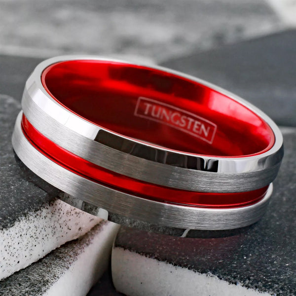Cool Brushed Finish Silver Tungsten Ring with Anodized Aluminum Soft Red Inner Band and Recessed Stripe, with Beveled Edges.