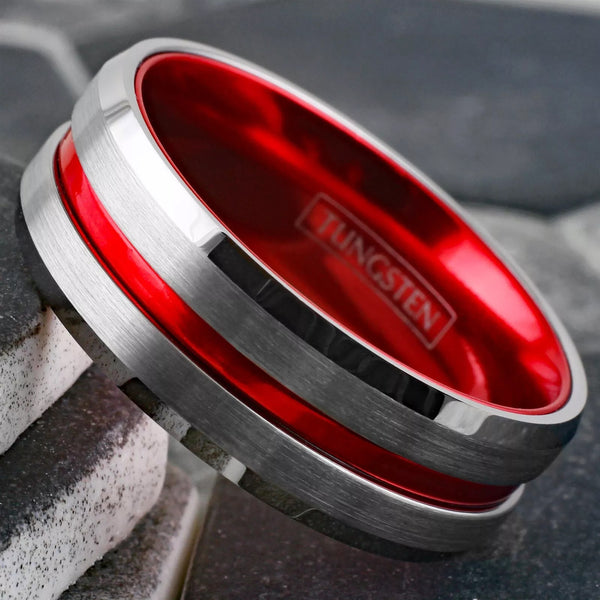 Cool Brushed Finish Silver Tungsten Ring with Anodized Aluminum Soft Red Inner Band and Recessed Stripe, with Beveled Edges.