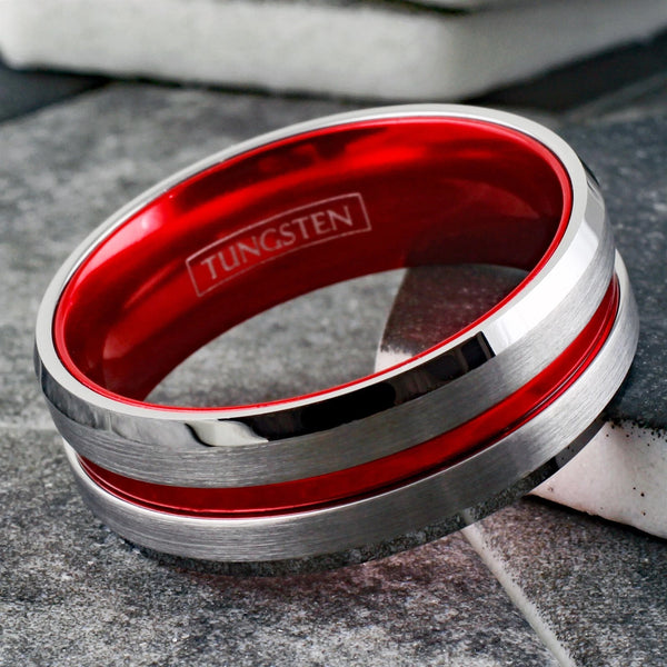 Cool Brushed Finish Silver Tungsten Ring with Anodized Aluminum Soft Red Inner Band and Recessed Stripe, with Beveled Edges.