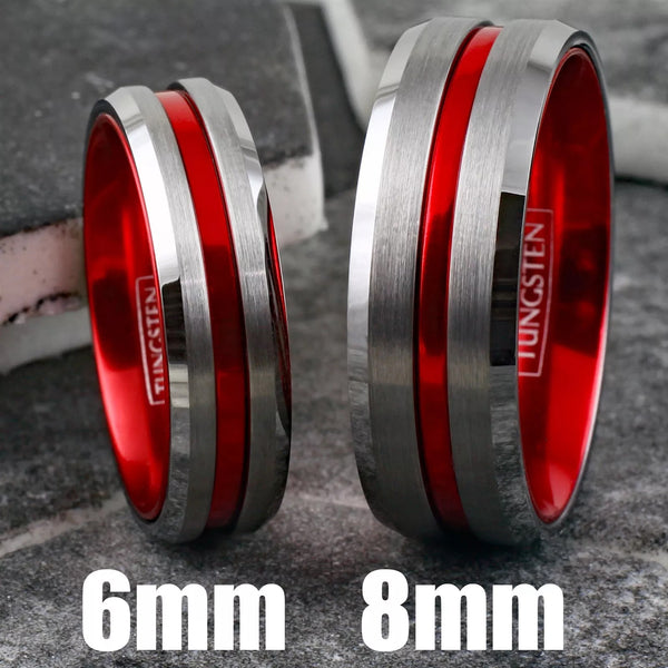 Cool Brushed Finish Silver Tungsten Ring with Anodized Aluminum Soft Red Inner Band and Recessed Stripe, with Beveled Edges.