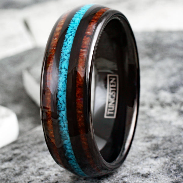Splendid Polished Black Low Dome Tungsten Ring with Crushed Blue Turquoise Inlay Between Koa Wood Inlays.